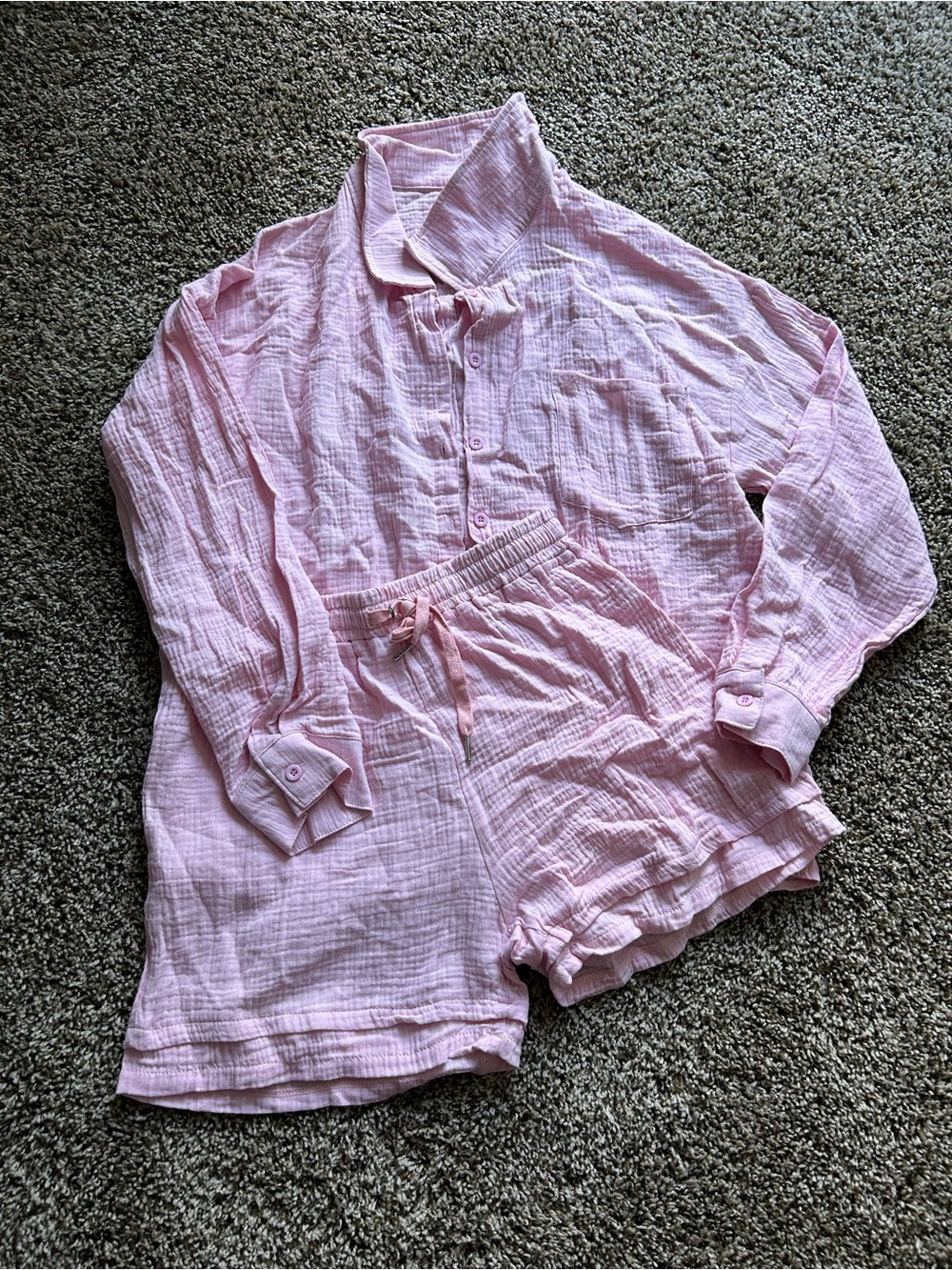 Light Pink Cotton Gauze Pajama Set - Button Top & Drawstring Shorts